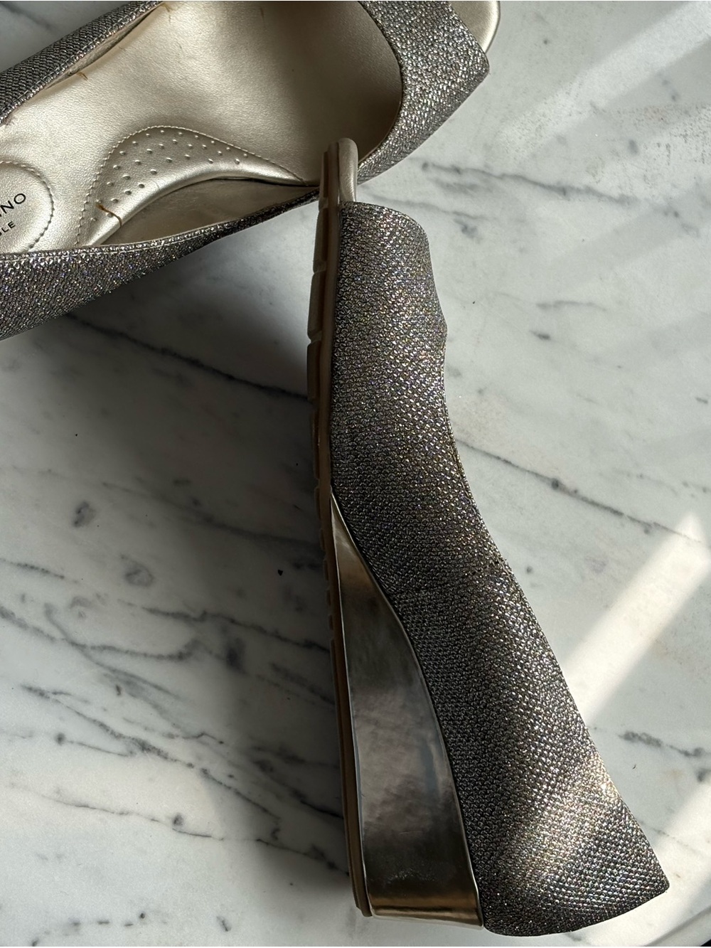 Bandolino Glitter Wedge in Silver Champagne